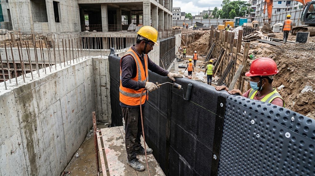 Basement waterproofing membrane application in Bangladesh